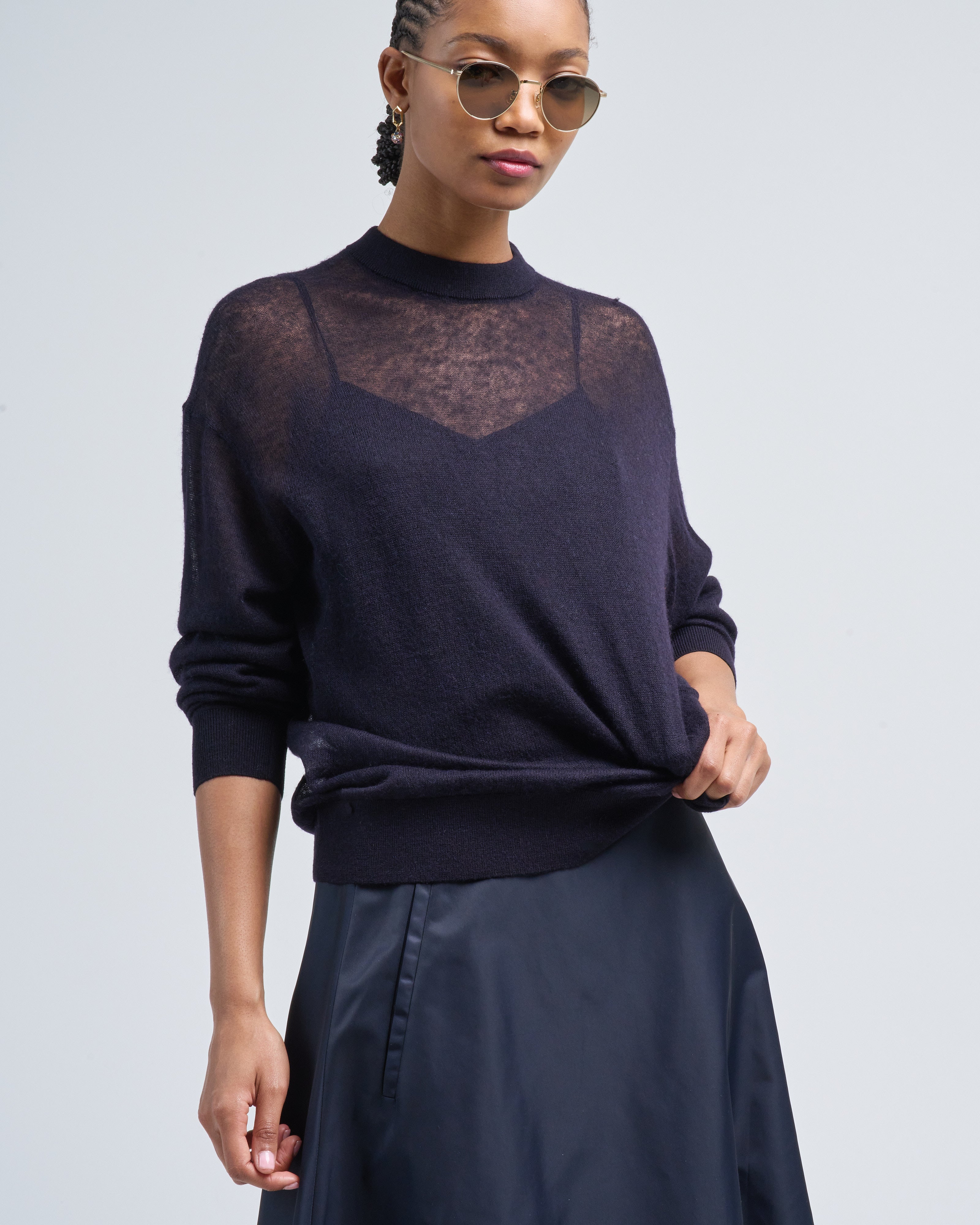 Tibi Sheer Sweater Crewneck Easy Pullover Dark Navy
