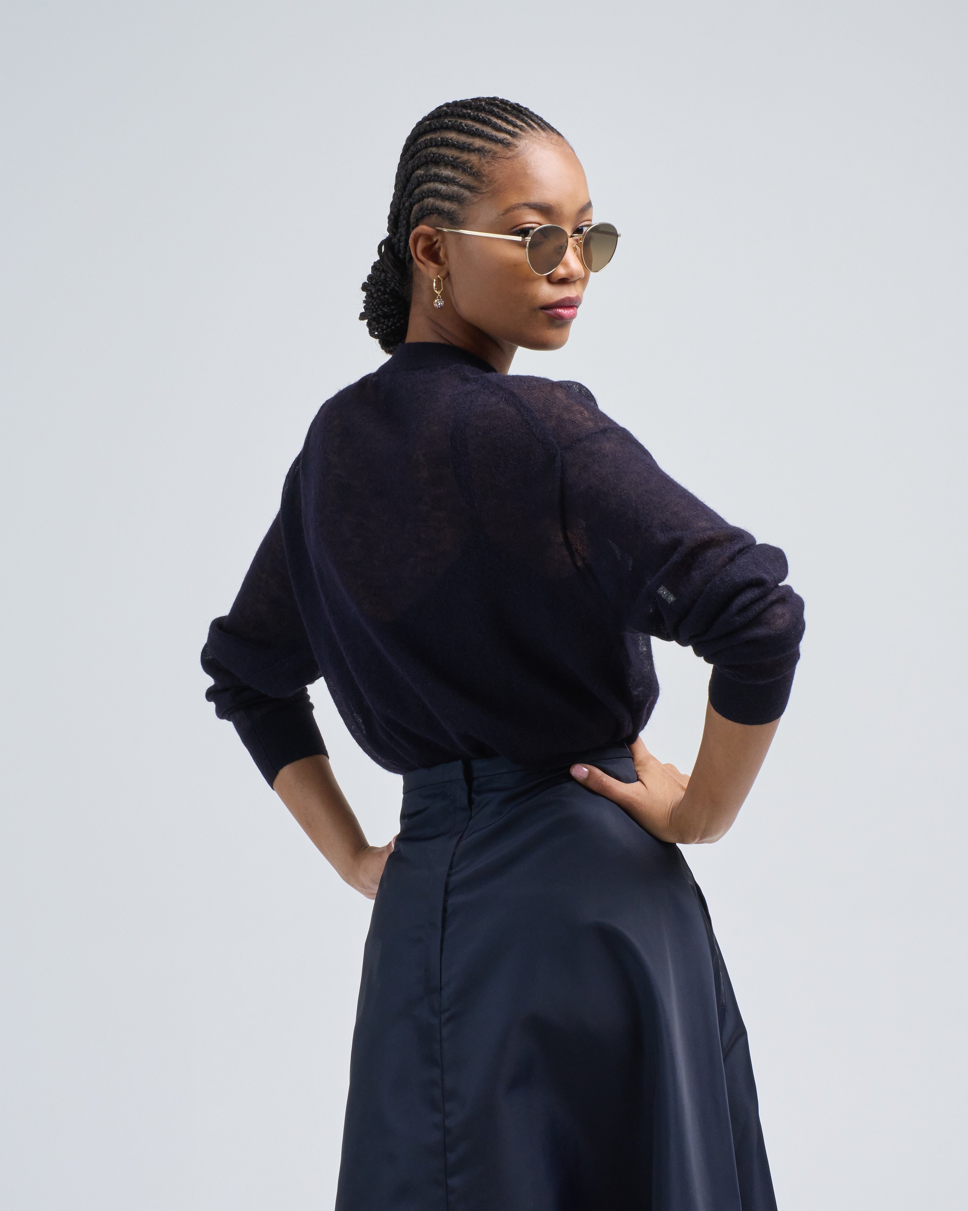 Tibi Sheer Sweater Crewneck Easy Pullover Dark Navy