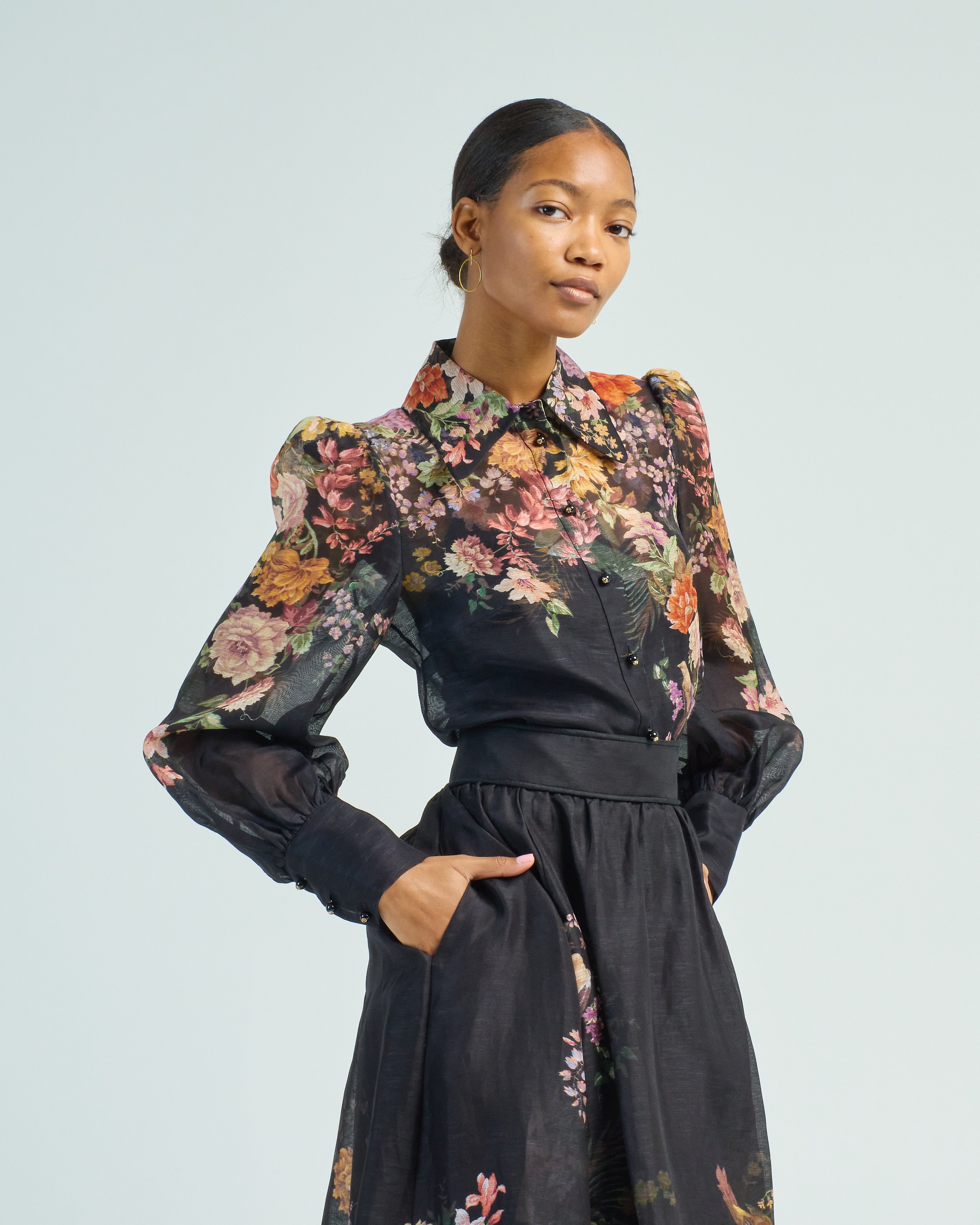 Zimmermann Pavilion Tie Neck Blouse Black Multi Floral