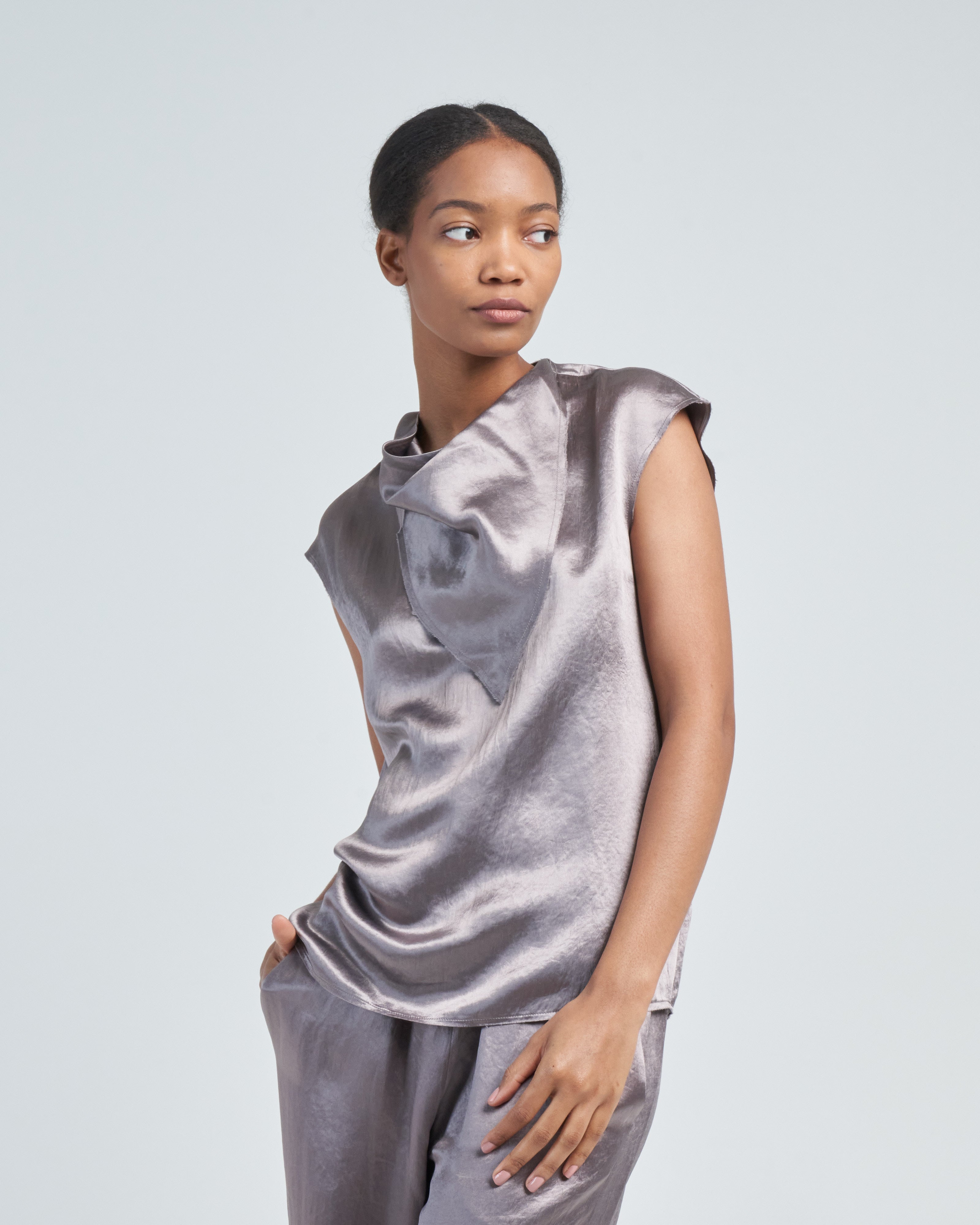 Tibi Sion Satin V Neck Scarf Top Slate Grey