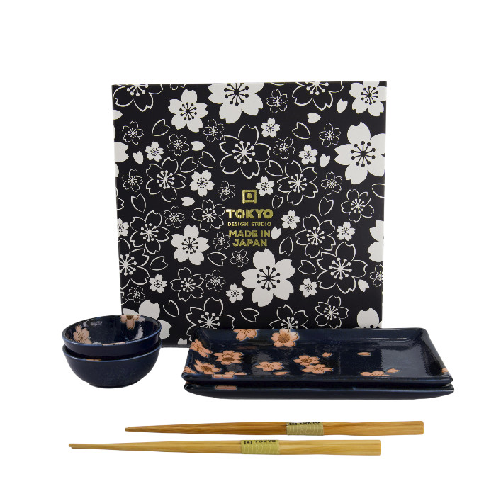 TDS, Sushi Set, Sakura, w/Chopsticks, Navy, 6pcs, 22x13x2cm & 8.5