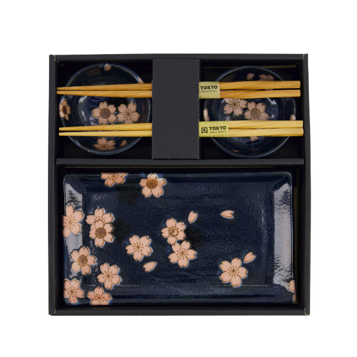 TDS, Sushi Set, Sakura, w/Chopsticks, Navy, 6pcs, 22x13x2cm & 8.5