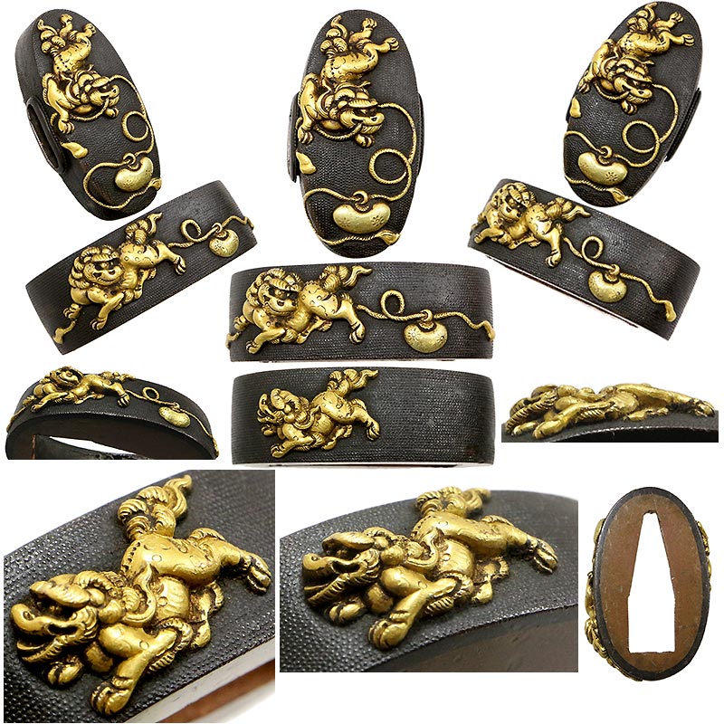 日本刀の縁頭｜赤銅七々子地守獅子図｜無銘｢京金工」保存刀装具鑑定書