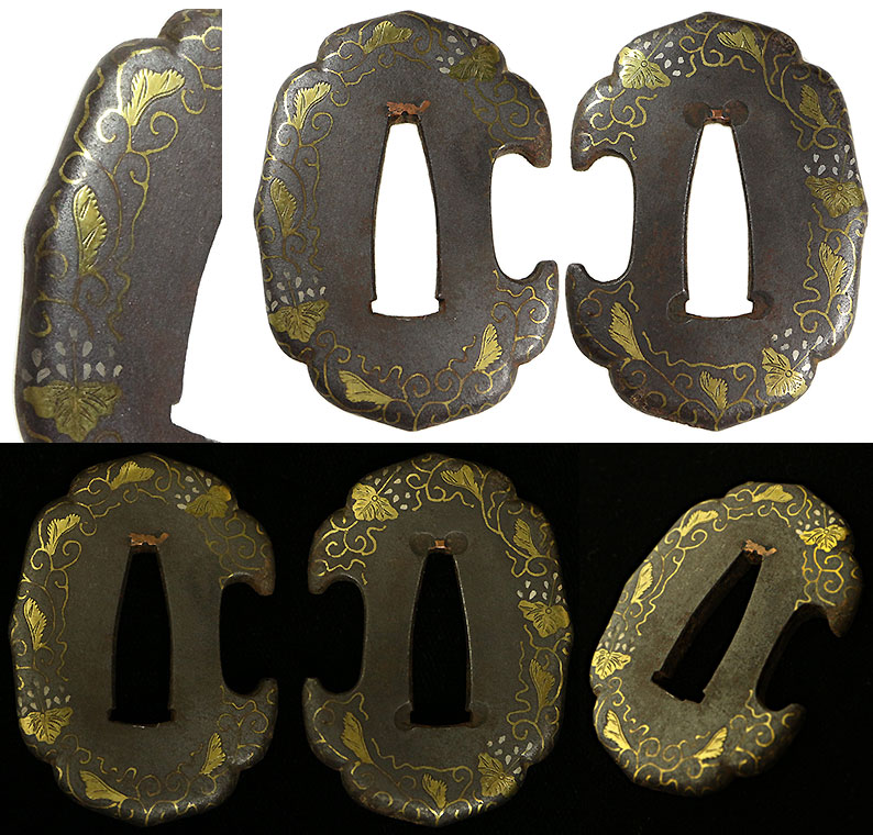 日本刀の鐔・鍔｜鉄磨地桐唐草金象嵌喰出鐔（短刀用小鐔）｜日本刀専門