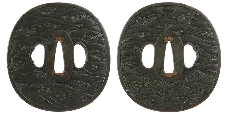 日本刀の鐔・鍔｜赤銅地波濤図 保存刀装具鑑定書附（無銘/京金具師