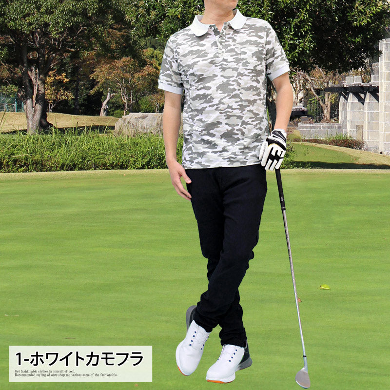 ポロシャツ ゴルフウェア カモフラ 迷彩柄 速乾ドライ 鹿の子
