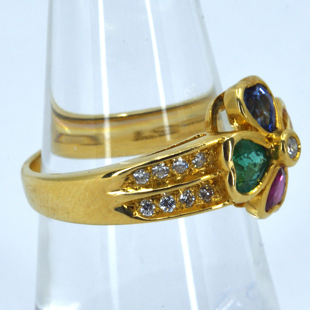 K18リング 4種類ハート色石付 ダイヤモンド0.21カラット 12号 | 中古