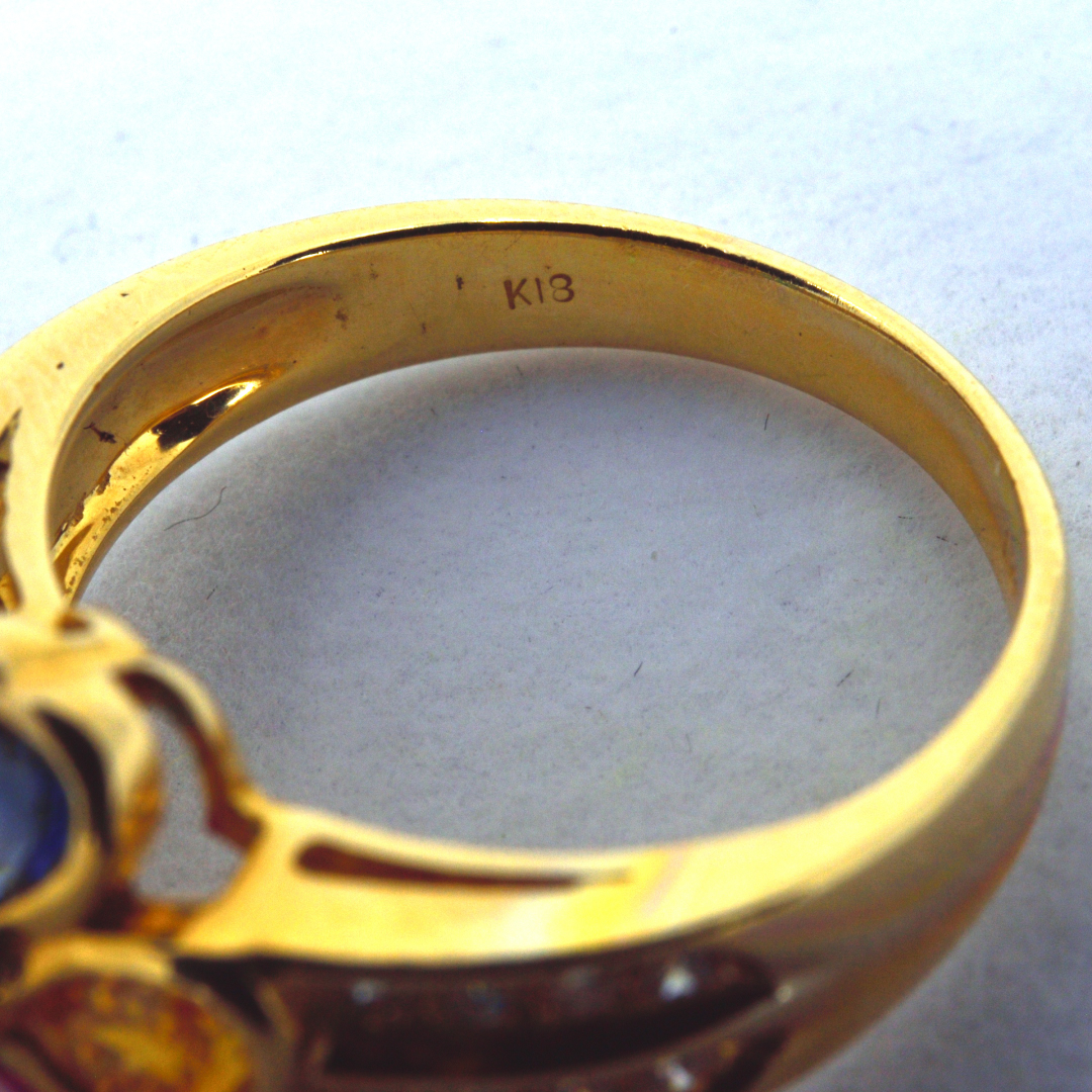 K18リング 4種類ハート色石付 ダイヤモンド0.21カラット 12号 | 中古