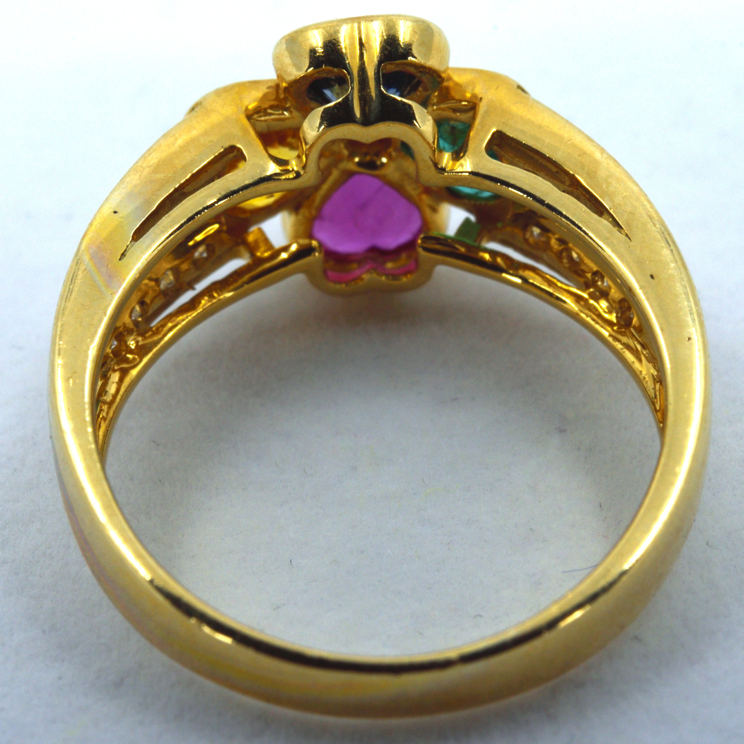 K18リング 4種類ハート色石付 ダイヤモンド0.21カラット 12号 | 中古