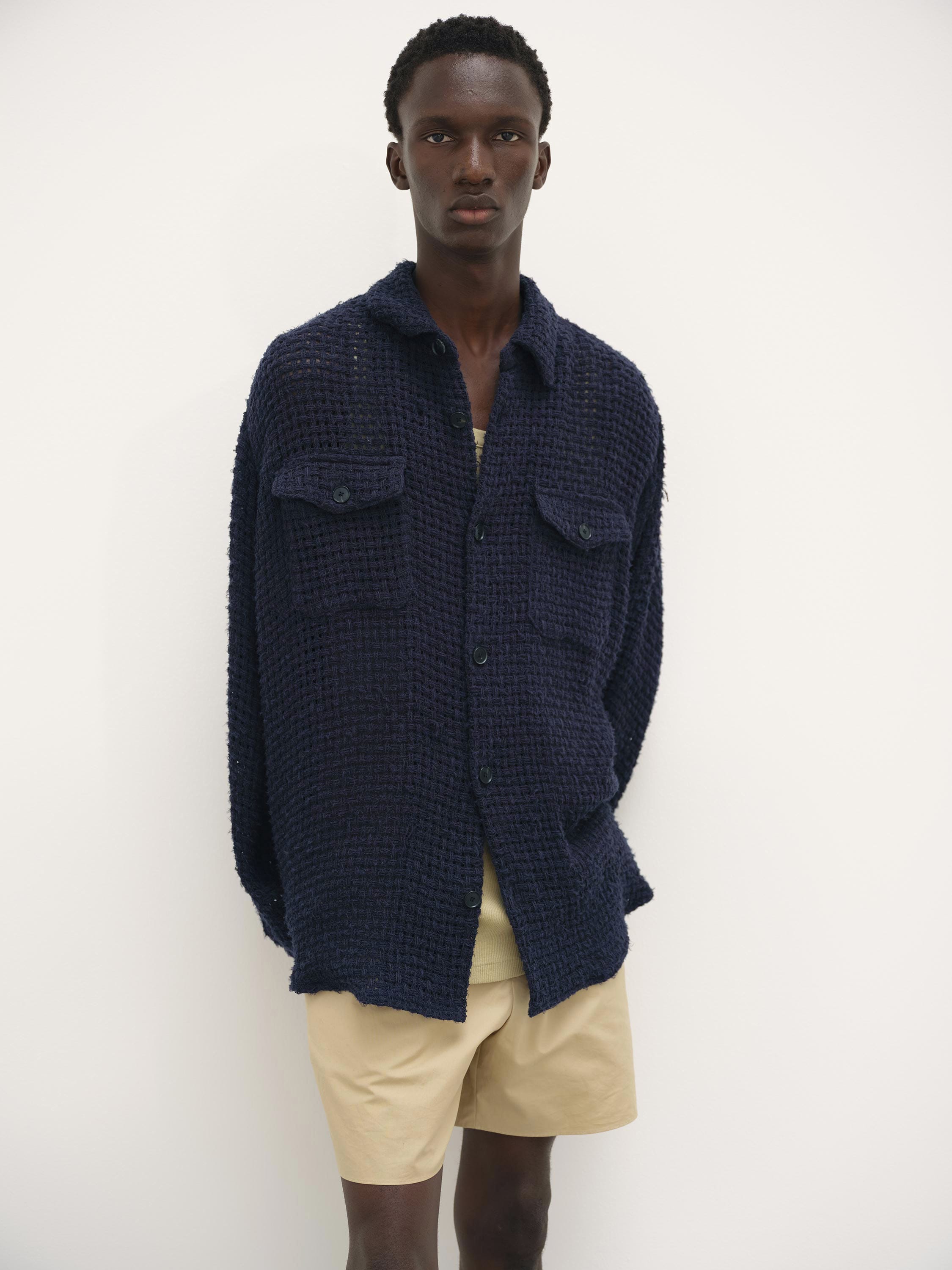 Auralee HOMESPUN SUMMER TWEED MESH SHIRT - Navy – Totem Brand Co.