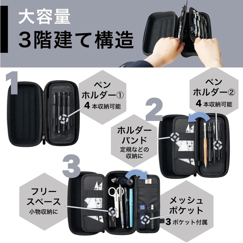 楽天市場】ハードシェルペンケース 大容量 3階建て 8本収納