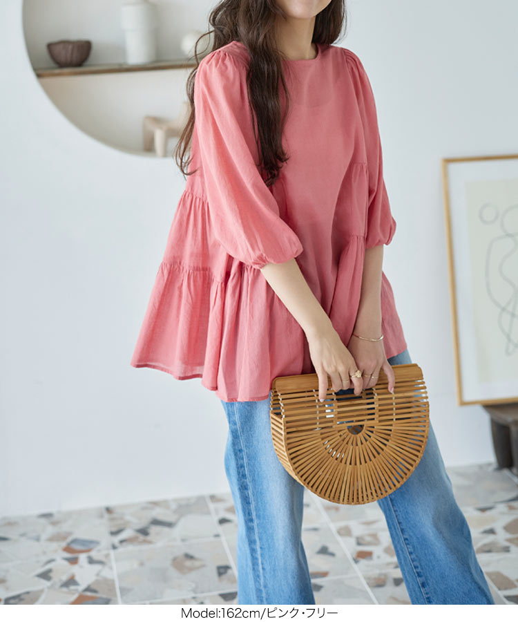 楽天市場】 フレア コットン シアー チュニック ブラウス 7分袖