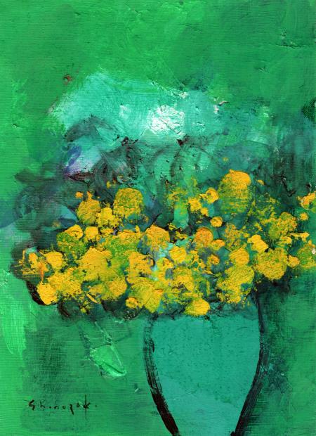 楽天市場】篠崎晴夫 緑の背景の黄色い花 花 絵画 油絵 静物画 一点物