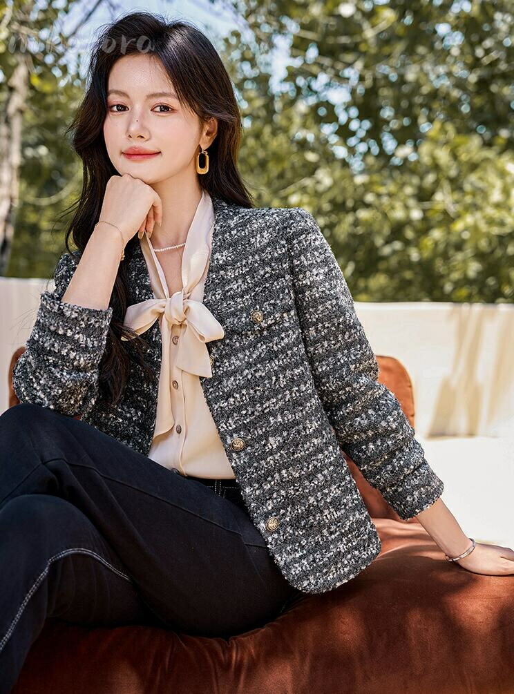 楽天市場】Vネック ノーカラージャケット ツイード ジャケット