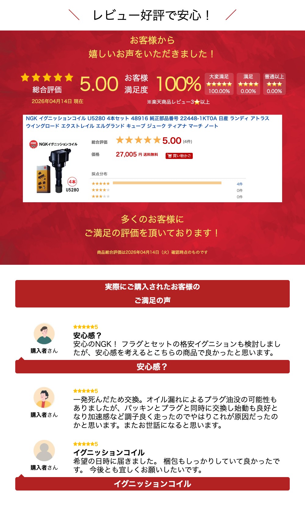 楽天市場】NGK イグニッションコイル U5280 4本セット 48916 純正部品