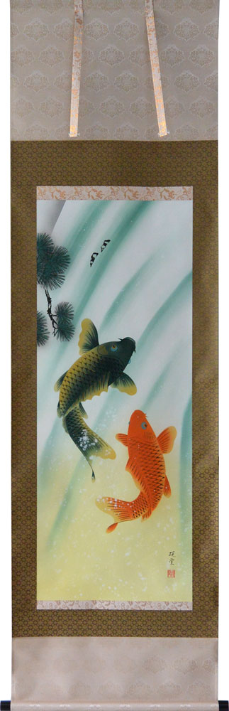 楽天市場】掛軸 鯉の滝昇り 中浦硯堂画(掛け軸 尺五立）幅54.5cm×丈