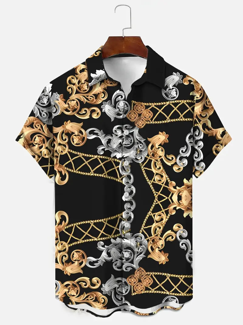 楽天市場】バロックチェーン柄 総柄 半袖シャツ 246 黒黄 アロハシャツ