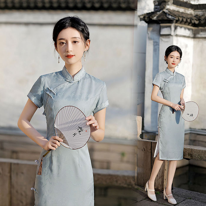 楽天市場】チャイナドレス 4色 花柄 半袖 膝丈 ワンピース 中華ドレス