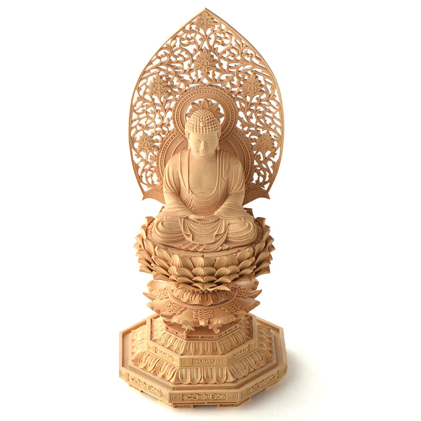 楽天市場】仏像 木彫り 本尊 総柘植 八角台上彫 木地彫 唐草光背 上等