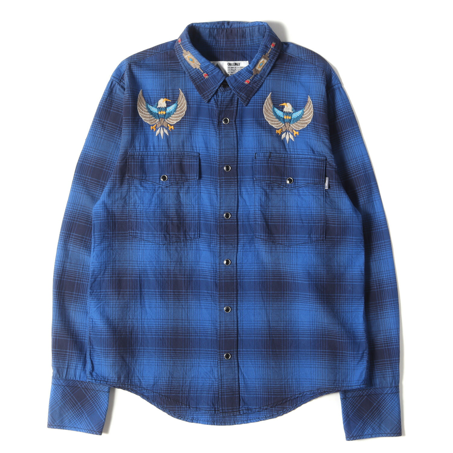 Challenger オンブレチェック 長袖シャツ 刺繍 ブルー CHALLENGER