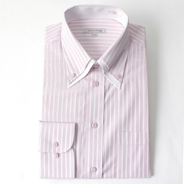 楽天市場】ワイシャツ ボタンダウン 長袖 ピンク ストライプ 2枚衿風