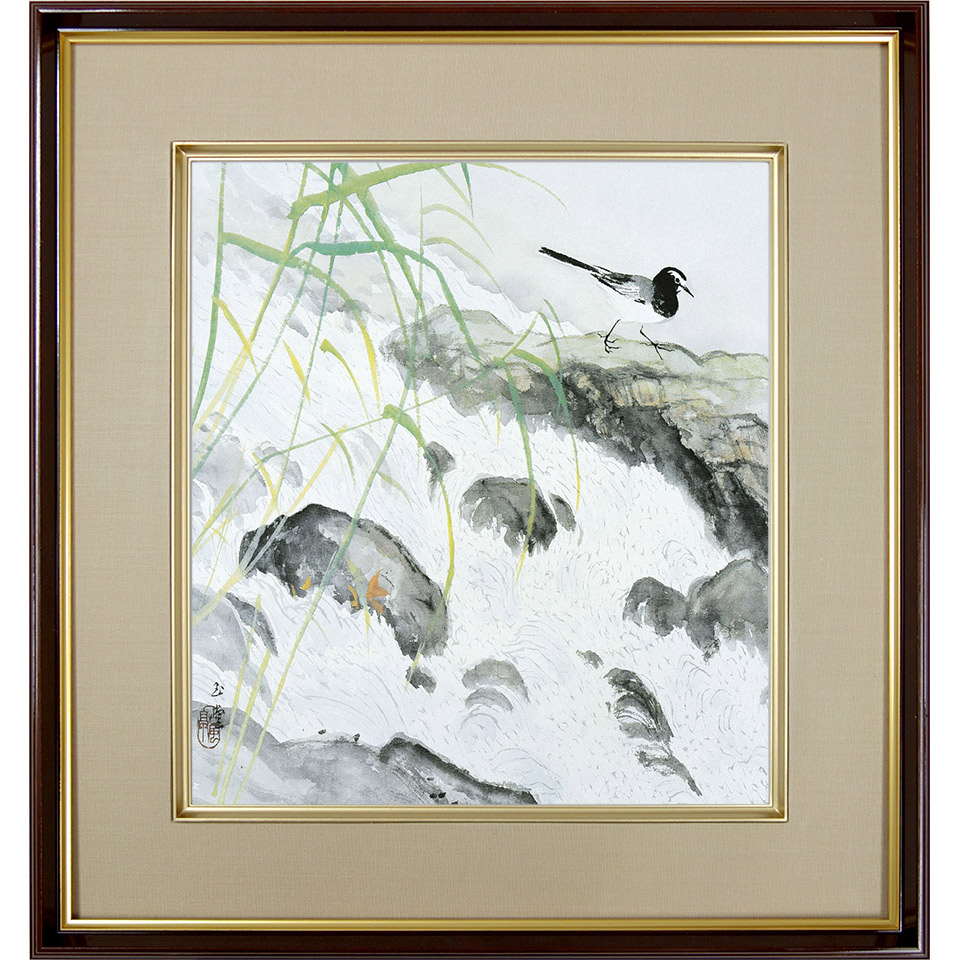 楽天市場】川合玉堂「鶺鴒」 複製画 額入り 色紙額 特殊工芸画
