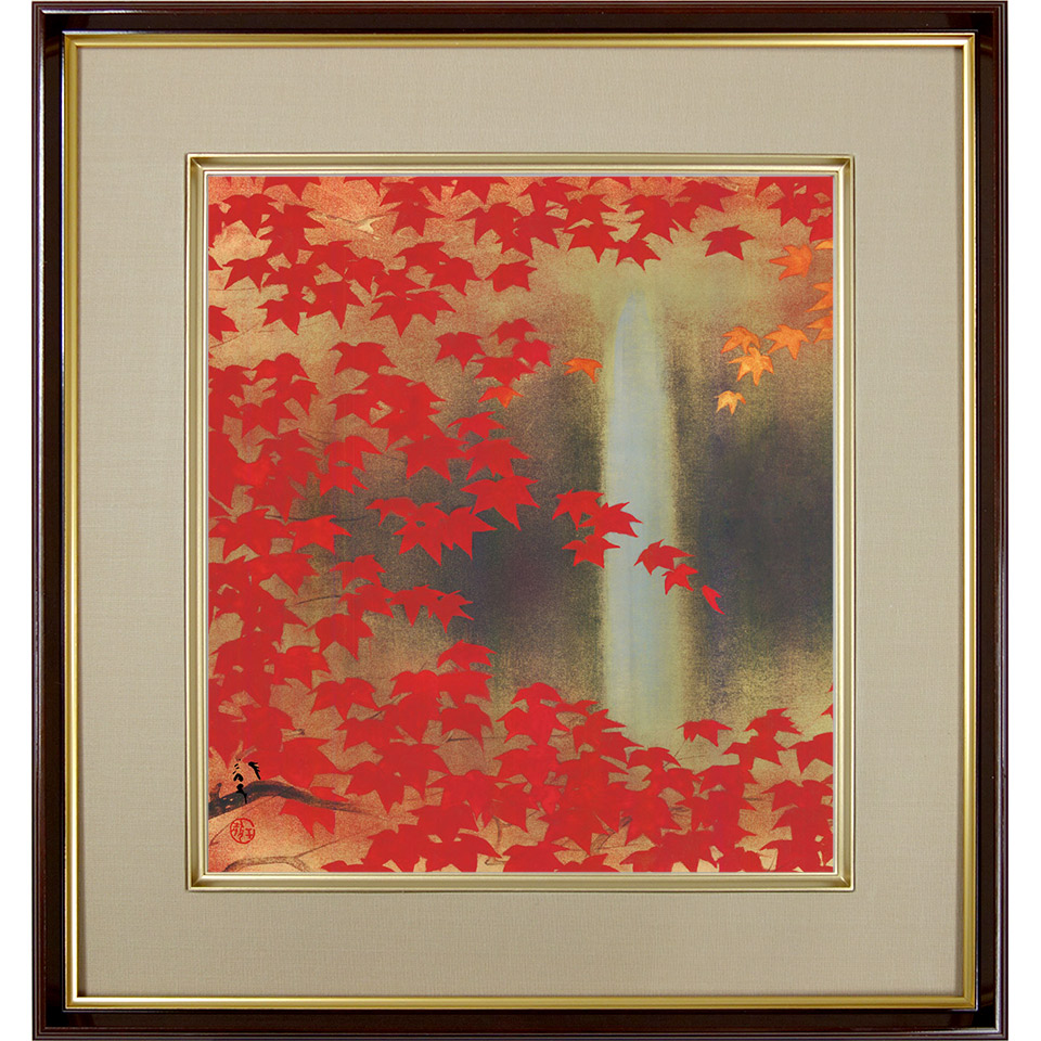 楽天市場】川端龍子「滝に紅葉」複製画 額入り 色紙額 特殊工芸画
