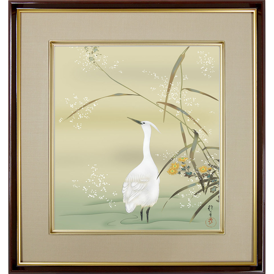 楽天市場】酒井抱一「芦に白鷺図」複製画 額入り 色紙額 特殊工芸画 冬