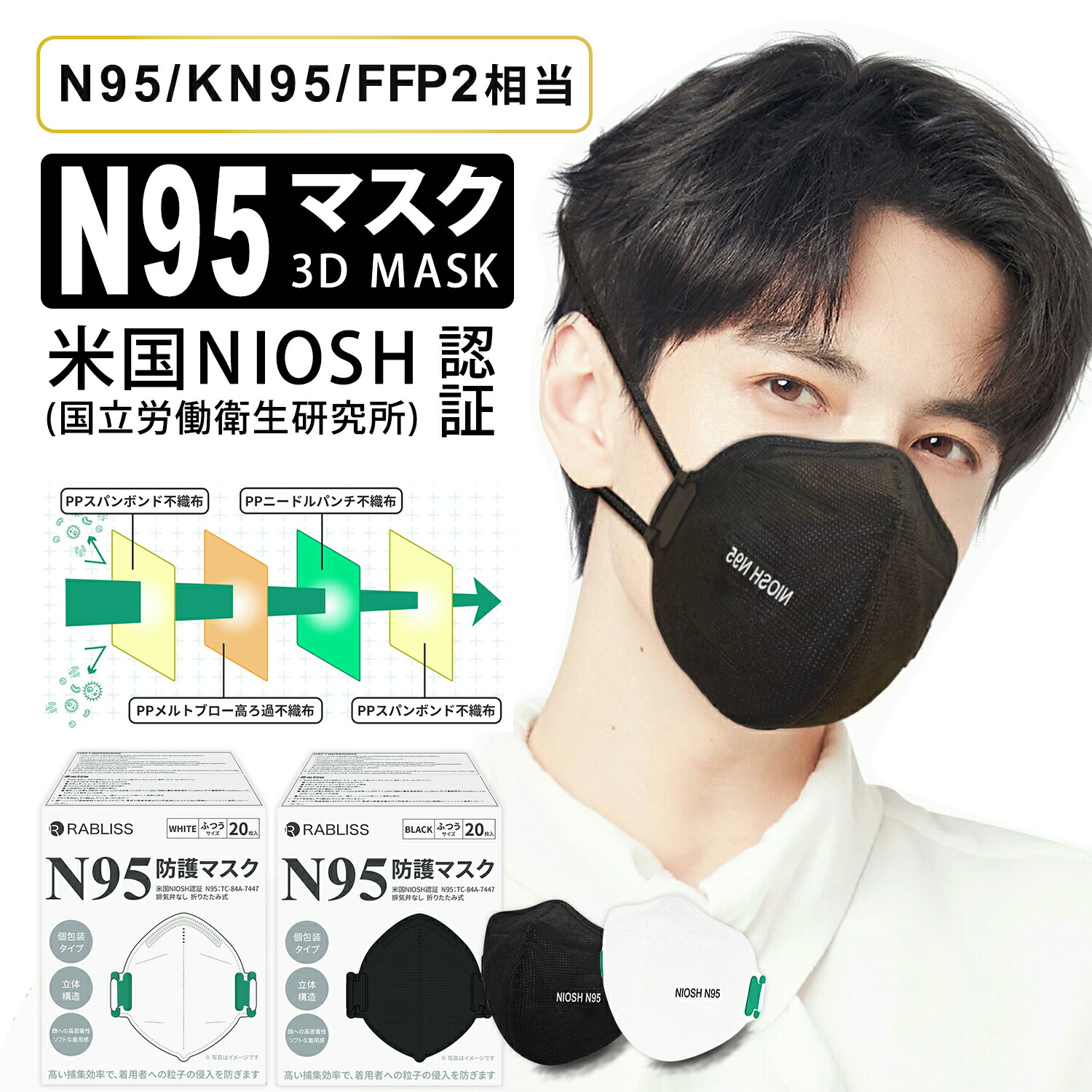 楽天市場】【限定価格】米国NIOSH認証 N95 マスク ブラック 個包装 20