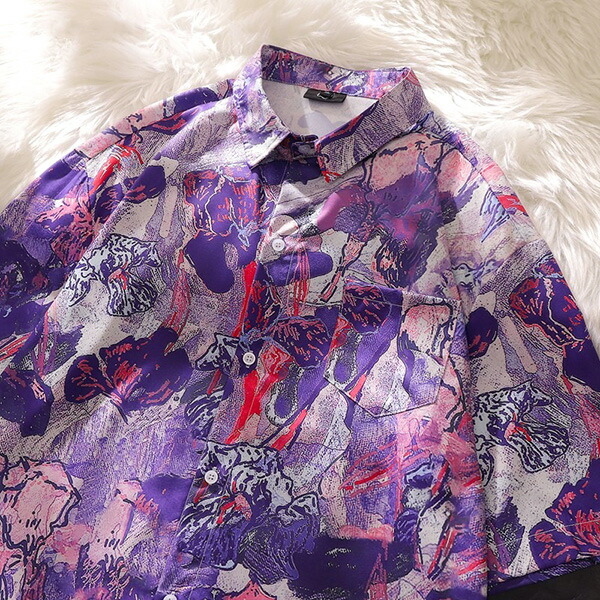 楽天市場】柄シャツ パープル 紫 アート 絵画 油絵 フラワー 花柄 抽象