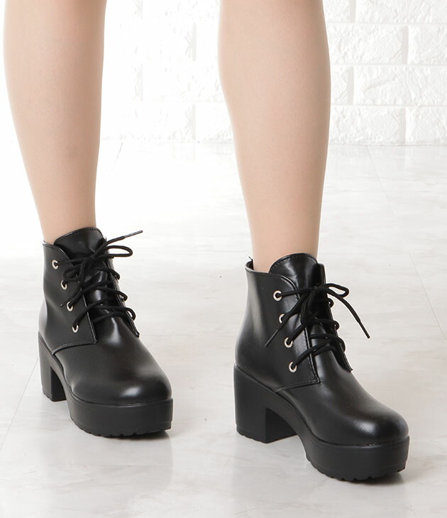 楽天市場】厚底ショートブーツ スムース 太ヒール ショート ブーツ