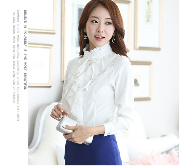 楽天市場】フリル ロングブラウス 長袖 襟付 シャツ ロングスリーブ