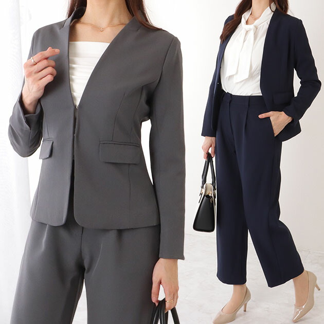 楽天市場】ノーカラー タック パンツ スーツ セットアップ 女性