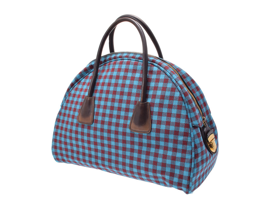 楽天市場】中古 プラダ ボーリングバッグ キャンバス レザー 水色 赤