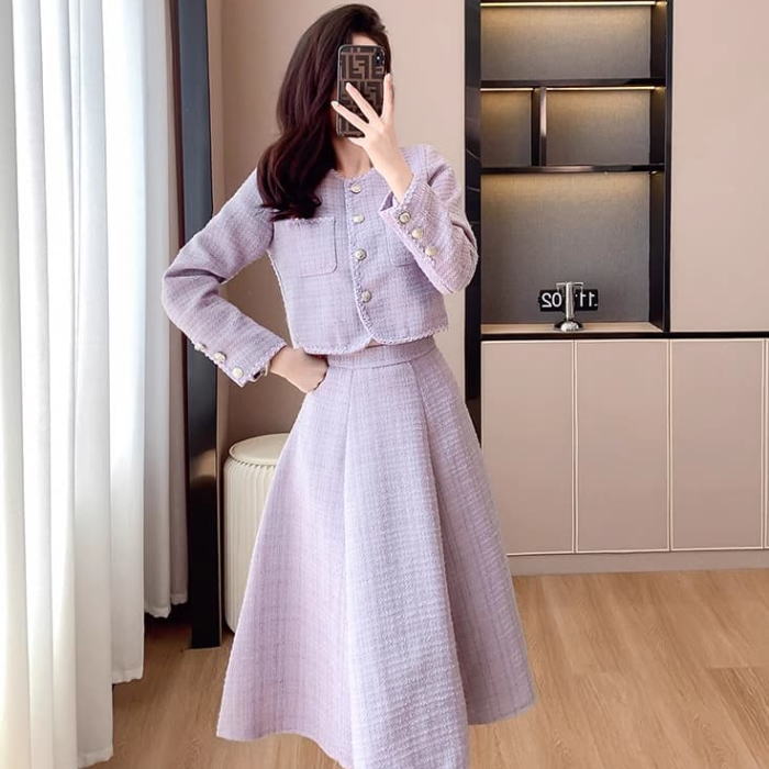 楽天市場】スカートセットアップ ノーカラー ツイード ボタン 長袖