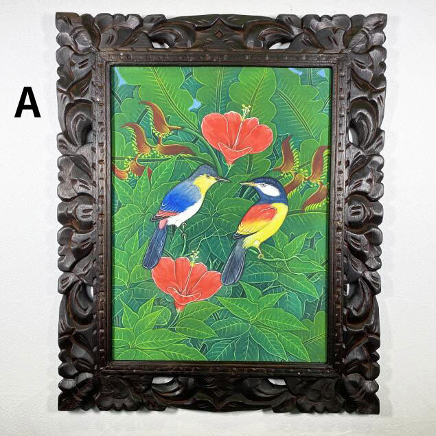 バリ島絵画 鳥 絵画 +ガネーシャ バリアート2点 大型 バリ島絵画 鳥