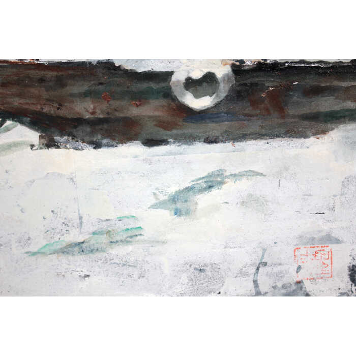 楽天市場】絵画 本間聖丈 日本画 『冬の漁村』 家 村 海岸 船 街 雪