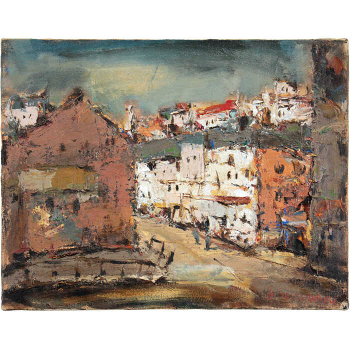 楽天市場】絵画 友成晴雄 油絵・油彩画 『街角 ブルージュ』 建造物 街