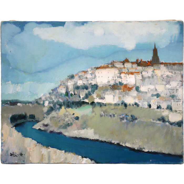 楽天市場】絵画 田中亜木男 油絵・油彩画 『トレドの夏』 丘 川 空 街