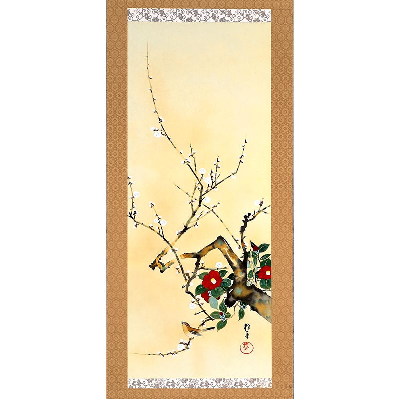 楽天市場】複製掛軸 酒井抱一 「十二か月花鳥図」 一月 「梅椿に鶯図