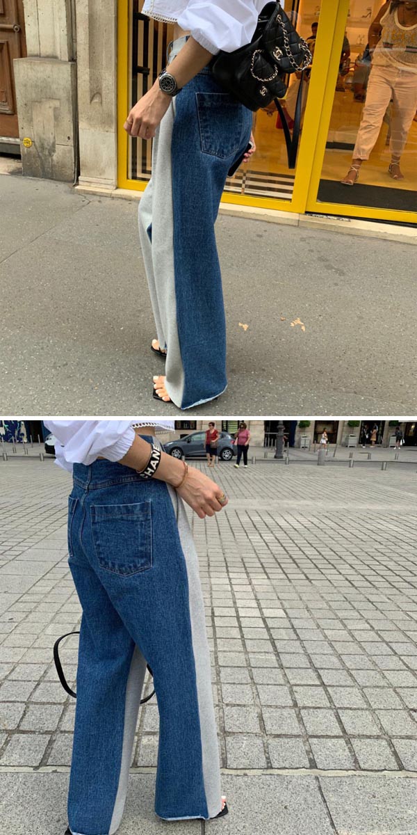楽天市場】ワイドデニムパンツ デニムパンツ 切り替え スウェット バイ