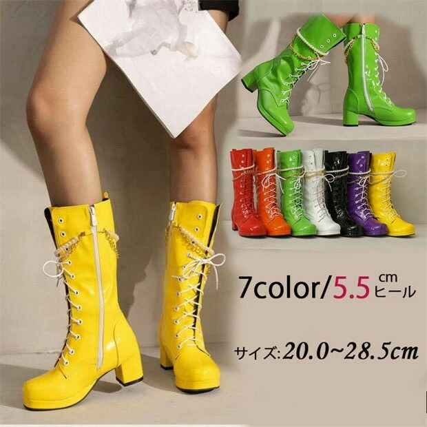 楽天市場】ロングブーツ 編み上げ ヒール5.5センチ 太ヒール ブーツ