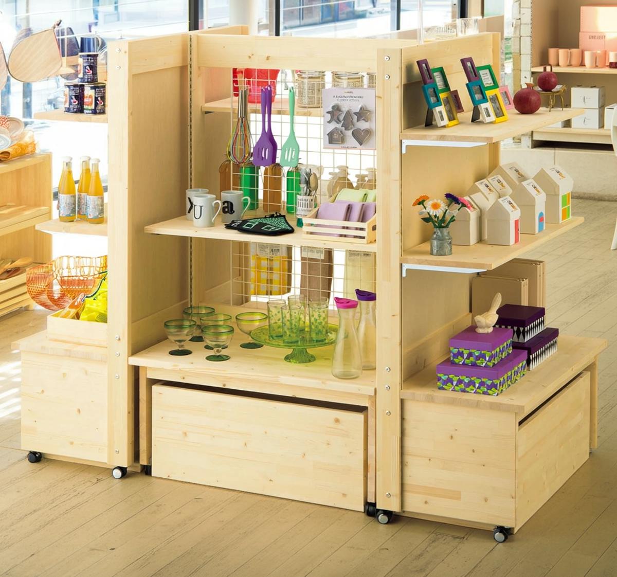 楽天市場】ゴンドラ 陳列棚 天然木製 商品ディスプレイ ワゴン 販売台