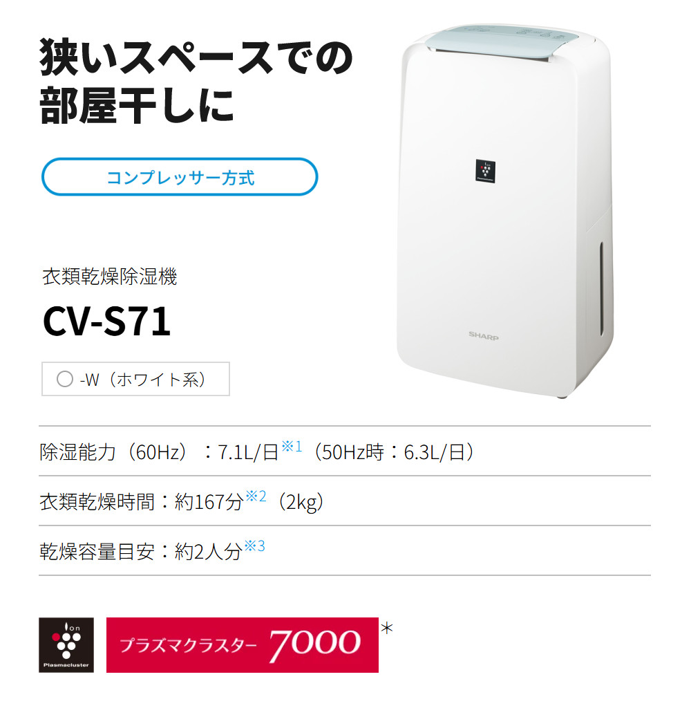 楽天市場】シャープ 除湿機 衣類乾燥 CV-S71-W ホワイト 乾燥容量約2人
