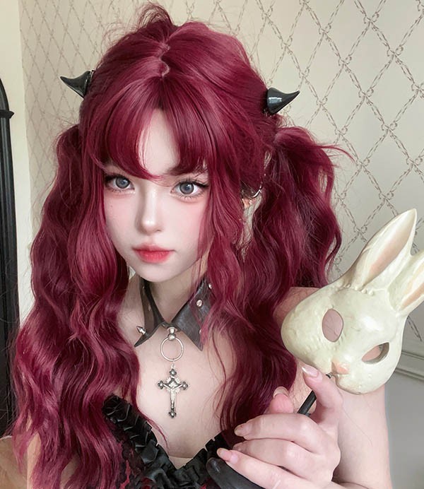 楽天市場】フルウィッグ レディース ロング 巻き髪 赤髪 ワインレッド