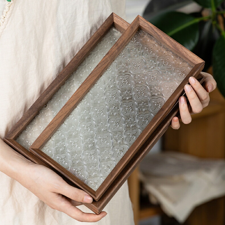 楽天市場】IwaiLoft 銘木 トレー ガラス ティートレー フローラガラス