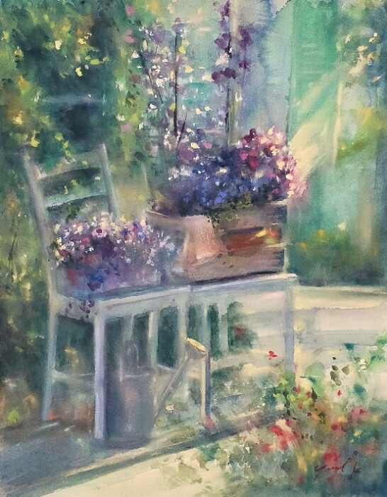 秘密の花園 透明水彩画 ホワイトの額入り秘密の花園 透明水彩画 ホワイト額