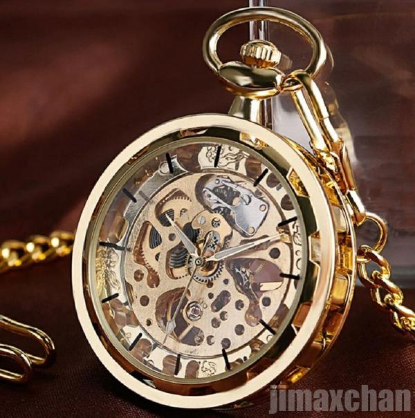 楽天市場】気楽 手巻き式 スケルトン 懐中時計 ゴールド チェーン付き