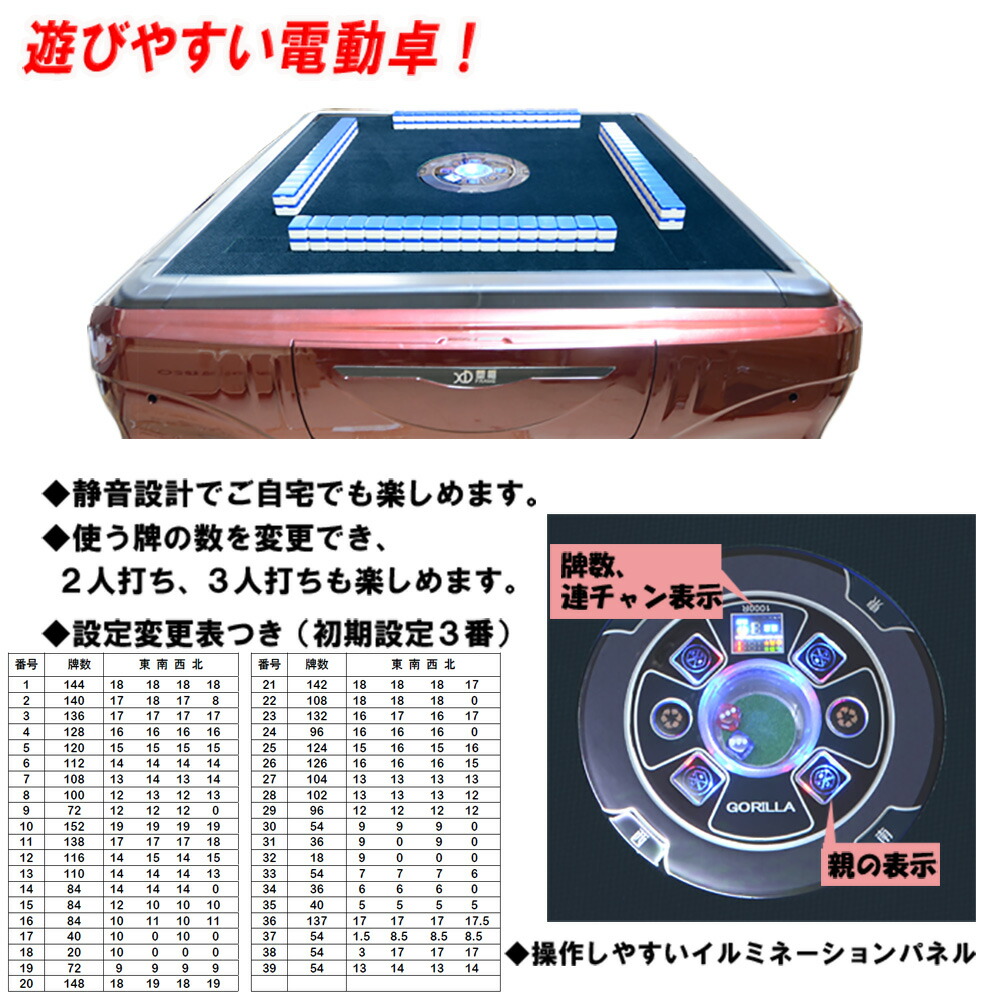 楽天市場】Gorilla全自動麻雀卓 33mm牌2セット 赤牌・点棒静音日本語
