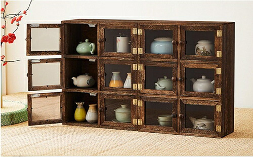 楽天市場】木製ラック 茶器収納棚 防塵収納 クリアドア付き 展示棚